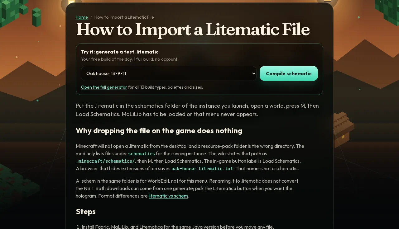 How to import a litematic guide: schematics folder, M, Load Schematics steps